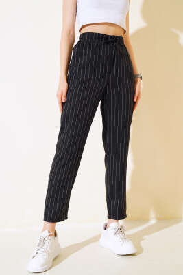 Çizgili Bel Tünelli Pantolon Siyah - TİLLE