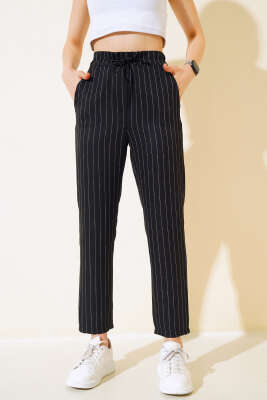 Çizgili Bel Tünelli Pantolon Siyah - Kadın Giyim Modelleri