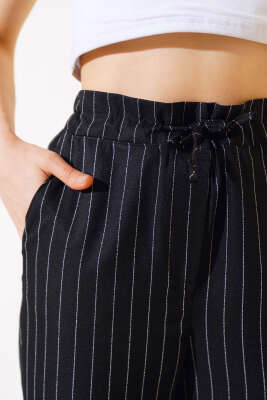 Çizgili Bel Tünelli Pantolon Siyah - Kadın Giyim Modelleri