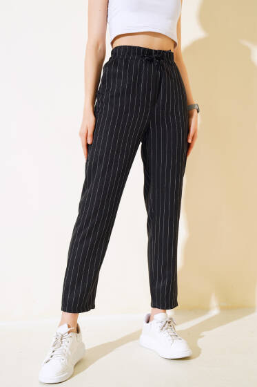 Çizgili Bel Tünelli Pantolon Siyah - Yeni Giyim