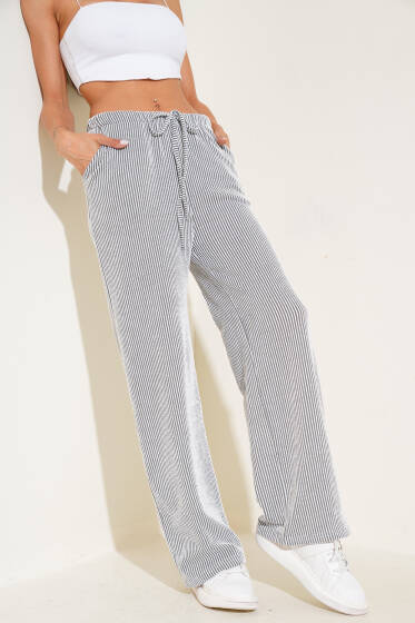 Çizgili Beli Lastikli Pantolon Siyah - Kadın Giyim Modelleri