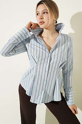 Çizgili Beli Pensli Kısa Gömlek Mavi - LUSTRİN