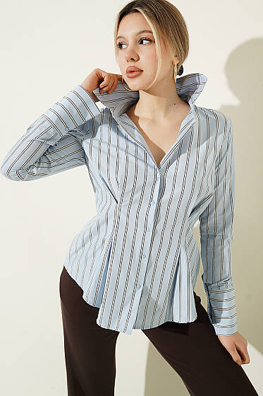Çizgili Beli Pensli Kısa Gömlek Mavi - Kadın Giyim Modelleri