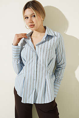 Çizgili Beli Pensli Kısa Gömlek Mavi - Kadın Giyim Modelleri