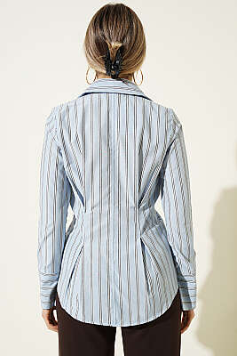 Çizgili Beli Pensli Kısa Gömlek Mavi - Kadın Giyim Modelleri