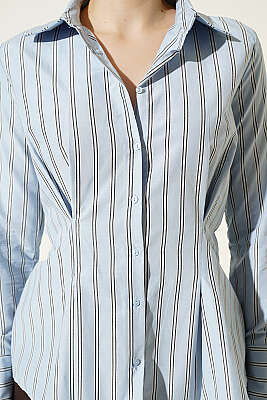 Çizgili Beli Pensli Kısa Gömlek Mavi - Kadın Giyim Modelleri