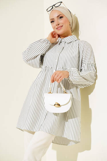 Çizgili Bileği Lastikli Gömlek Beyaz - Gömlek