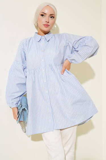 Çizgili Bileği Lastikli Gömlek Buz Mavisi - Gömlek