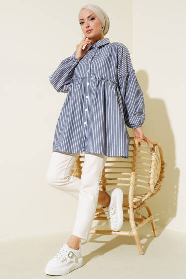 Çizgili Bileği Lastikli Gömlek Lacivert - Gömlek