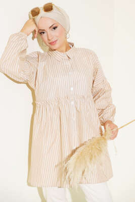 Çizgili Bileği Lastikli Gömlek Latte 