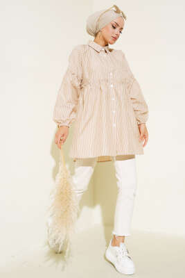 Çizgili Bileği Lastikli Gömlek Latte - Yılın Fırsatı
