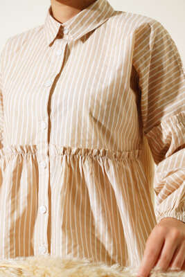 Çizgili Bileği Lastikli Gömlek Latte - Yılın Fırsatı