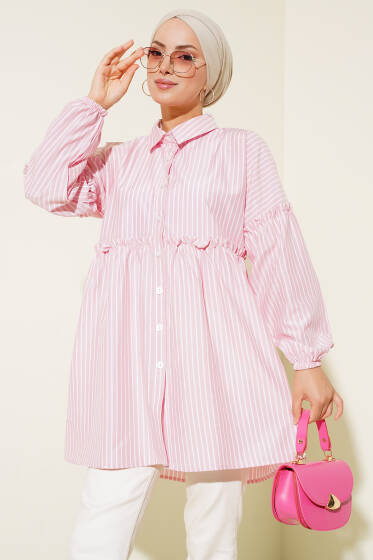 Çizgili Bileği Lastikli Gömlek Pembe - Gömlek