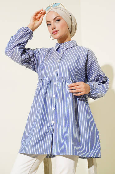 Çizgili Bileği Lastikli Gömlek Saks - Gömlek