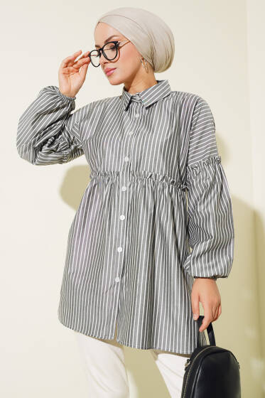 Çizgili Bileği Lastikli Gömlek Siyah - Gömlek