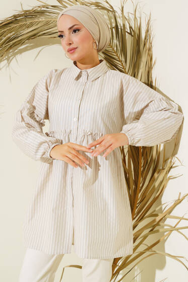 Çizgili Bileği Lastikli Gömlek Taş - Gömlek