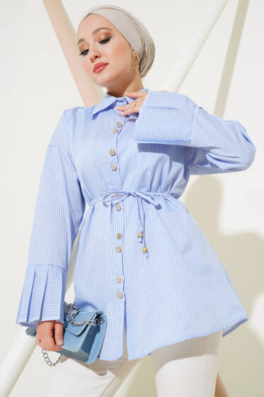 Çizgili Bileği Pileli Gömlek Bebe Mavi - Gömlek