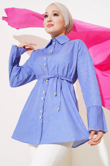Çizgili Bileği Pileli Gömlek Mavi - Gömlek