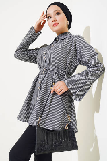 Çizgili Bileği Pileli Gömlek Siyah - Gömlek