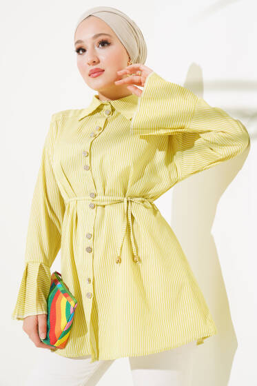 Çizgili Bileği Pileli Gömlek Yağ Yeşili - Gömlek