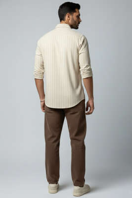 Çizgili Bilek Manşetli Erkek Gömlek Bej - Erkek Gömlek