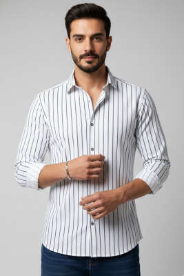 Çizgili Bilek Manşetli Erkek Gömlek Beyaz 