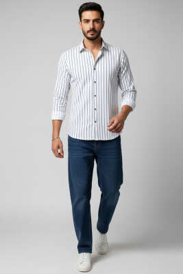 Çizgili Bilek Manşetli Erkek Gömlek Beyaz - Erkek Gömlek
