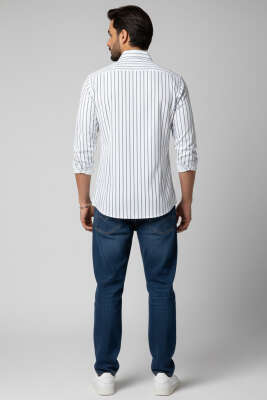 Çizgili Bilek Manşetli Erkek Gömlek Beyaz - Erkek Gömlek