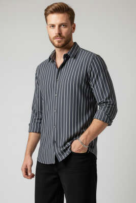 Çizgili Bilek Manşetli Erkek Gömlek Füme 