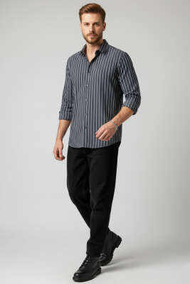 Çizgili Bilek Manşetli Erkek Gömlek Füme - Erkek Gömlek