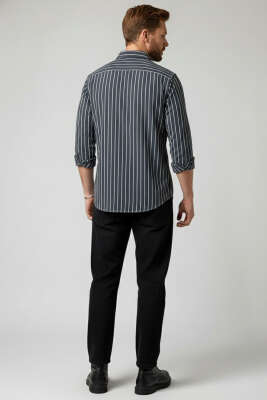 Çizgili Bilek Manşetli Erkek Gömlek Füme - Erkek Gömlek