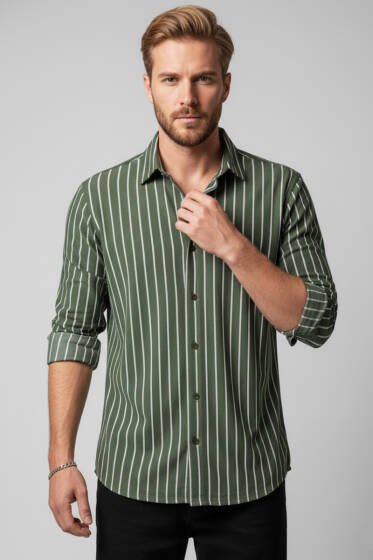 Çizgili Bilek Manşetli Erkek Gömlek Haki - Erkek Gömlek