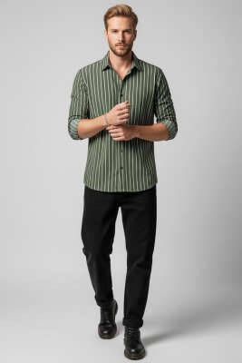 Çizgili Bilek Manşetli Erkek Gömlek Haki - Erkek Gömlek