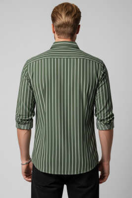 Çizgili Bilek Manşetli Erkek Gömlek Haki - Erkek Gömlek