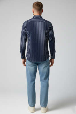 Çizgili Bilek Manşetli Erkek Gömlek Lacivert - Erkek Gömlek