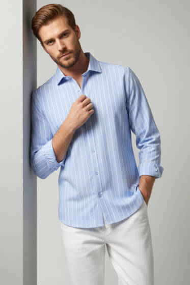 Çizgili Bilek Manşetli Erkek Gömlek Mavi - Erkek Gömlek