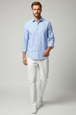 Çizgili Bilek Manşetli Erkek Gömlek Mavi - Erkek Gömlek