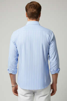 Çizgili Bilek Manşetli Erkek Gömlek Mavi - Erkek Gömlek