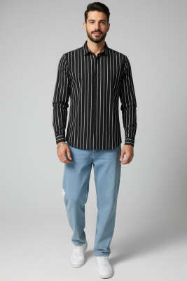 Çizgili Bilek Manşetli Erkek Gömlek Siyah - Erkek Gömlek