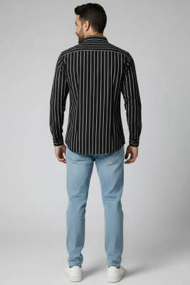 Çizgili Bilek Manşetli Erkek Gömlek Siyah - Erkek Gömlek