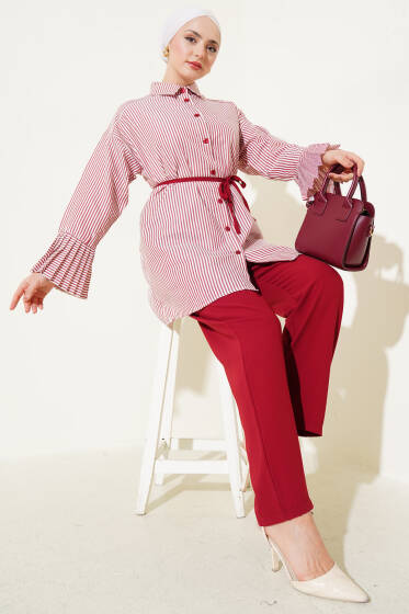 Çizgili Bilek Pileli İkili Takım Bordo - İkili Takım