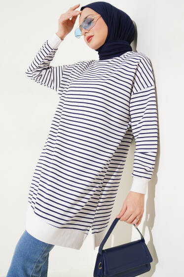 Çizgili Bisiklet Yaka İki İplik Tunik Lacivert - Tunik