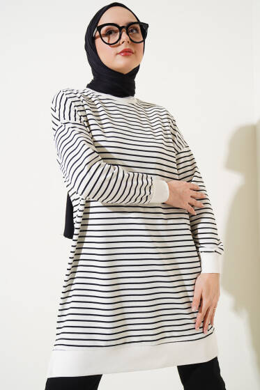 Çizgili Bisiklet Yaka İki İplik Tunik Siyah - Tunik