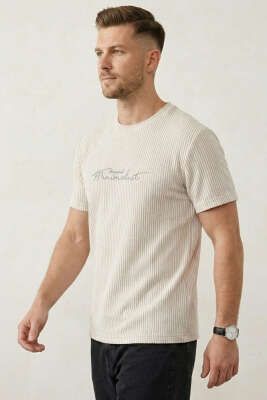 Çizgili Bisiklet Yaka T-shirt Bej - WİPEOUT