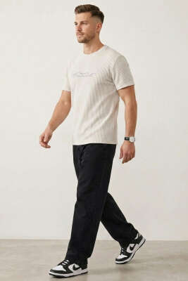 Çizgili Bisiklet Yaka T-shirt Bej - Yılın Fırsatı