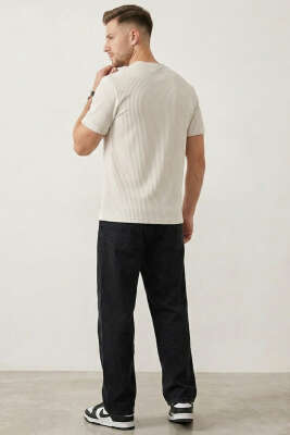 Çizgili Bisiklet Yaka T-shirt Bej - Yılın Fırsatı