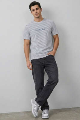 Çizgili Bisiklet Yaka T-shirt Gri - Yılın Fırsatı