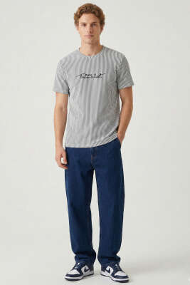 Çizgili Bisiklet Yaka T-shirt Haki - Yılın Fırsatı