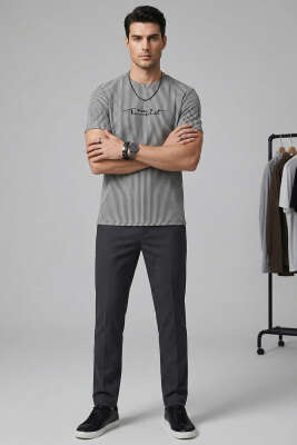 Çizgili Bisiklet Yaka T-shirt Siyah - Erkek T-shirt