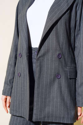 Çizgili Blazer Ceketli İkili Takım Füme - Thumbnail